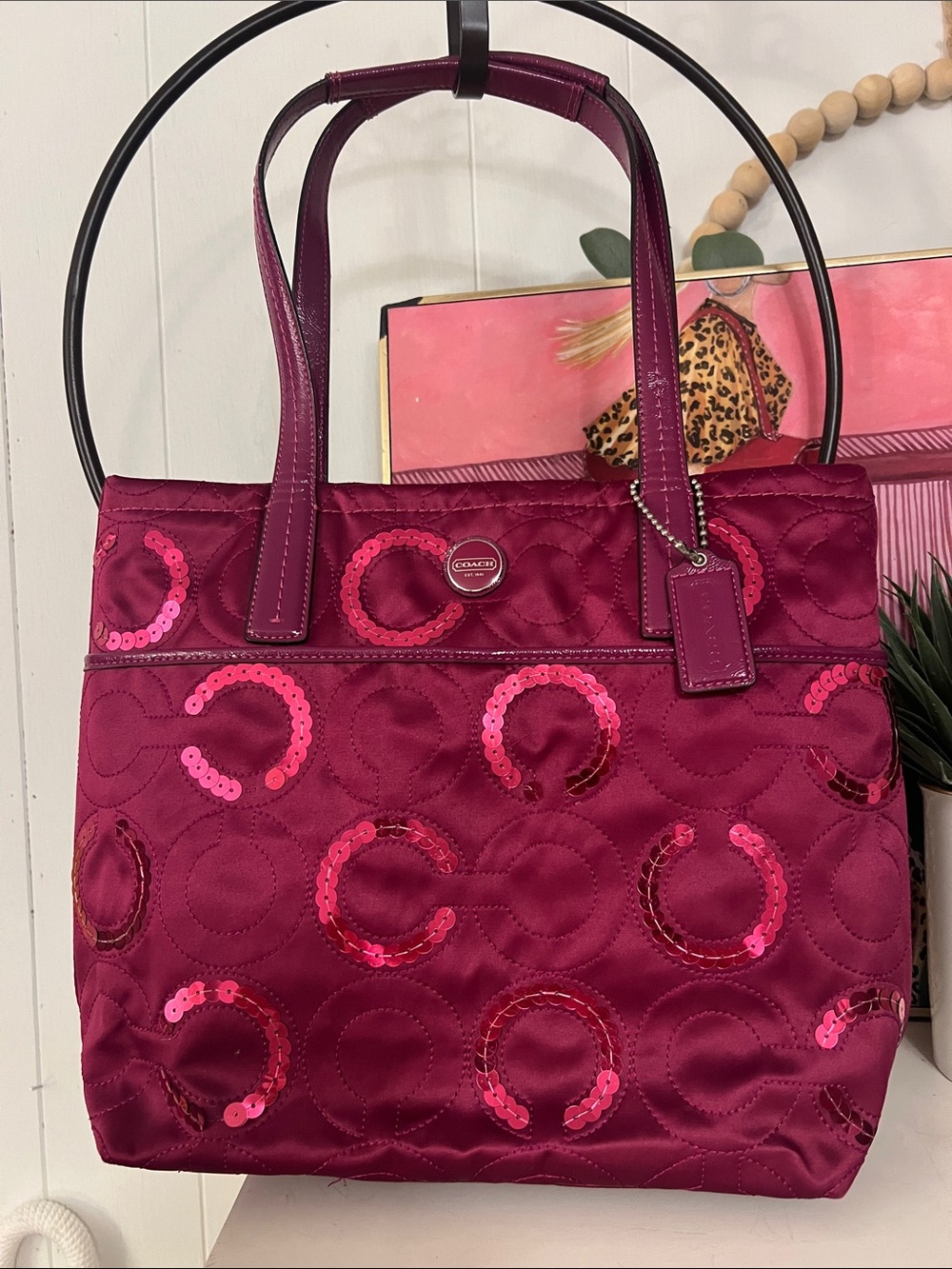 Coach Signature Sequin Tote- Passion  Berry